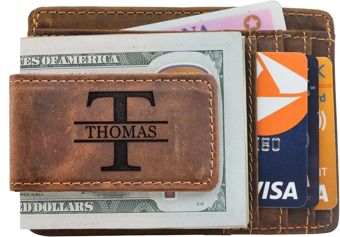 Personalized RFID Leather Money Clip Wallet with ID Window Gift
