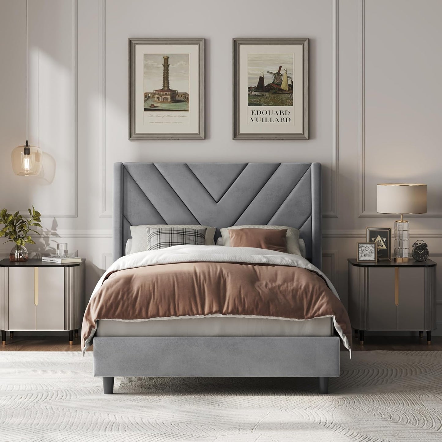Yaheetech Twin Bed Frame with Wing Side and Tufted Headboard