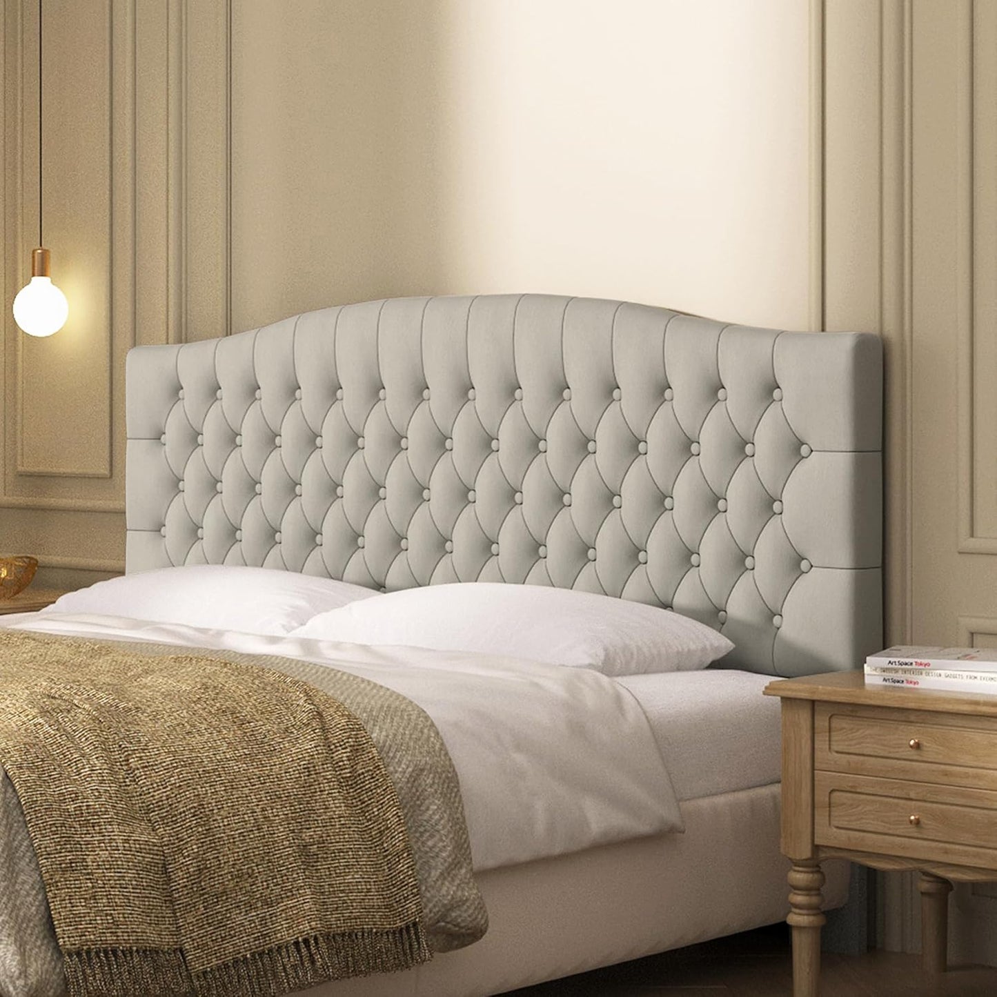 Velvet Upholstered Headboard King Size with Easy Assembly Style