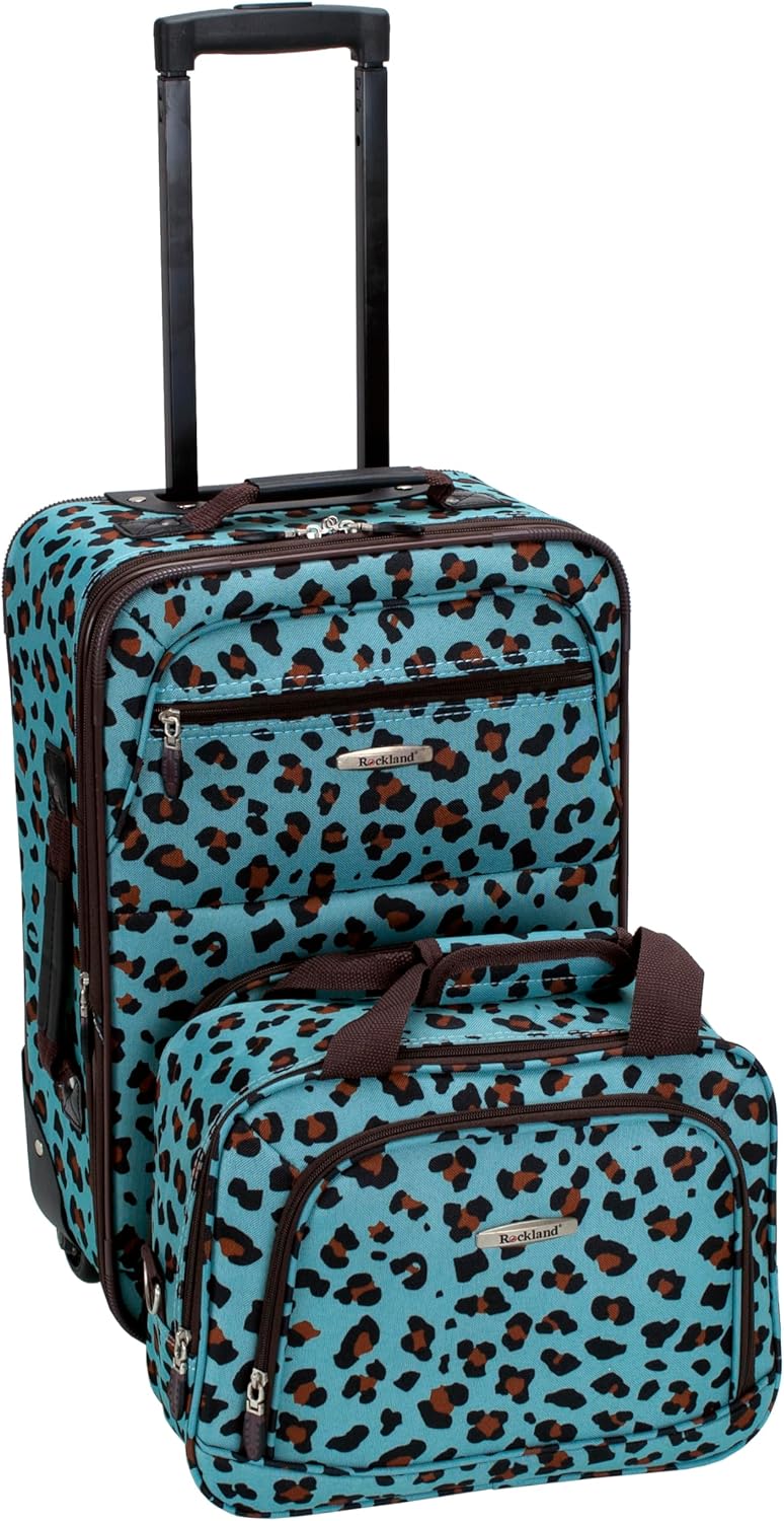 Rockland Fashion Softside Luggage Set in Blue Leopard Design