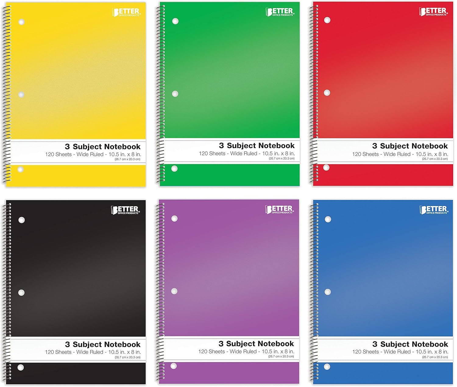 6-Pack 3-Subject Spiral Notebooks, Wide-Rule, 120 Sheets, Pocket Dividers