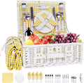 Picnic Basket Set for 4 with Waterproof Blanket Mat - White Yellow