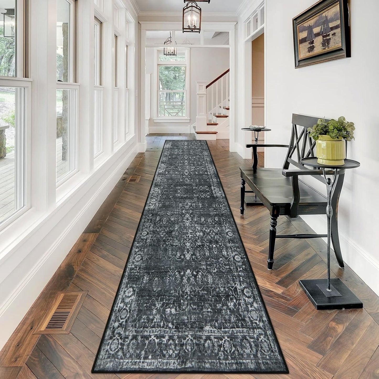 Morebes Black Vintage Carpet Runners for Hallway 12ft - Soft & Stylish