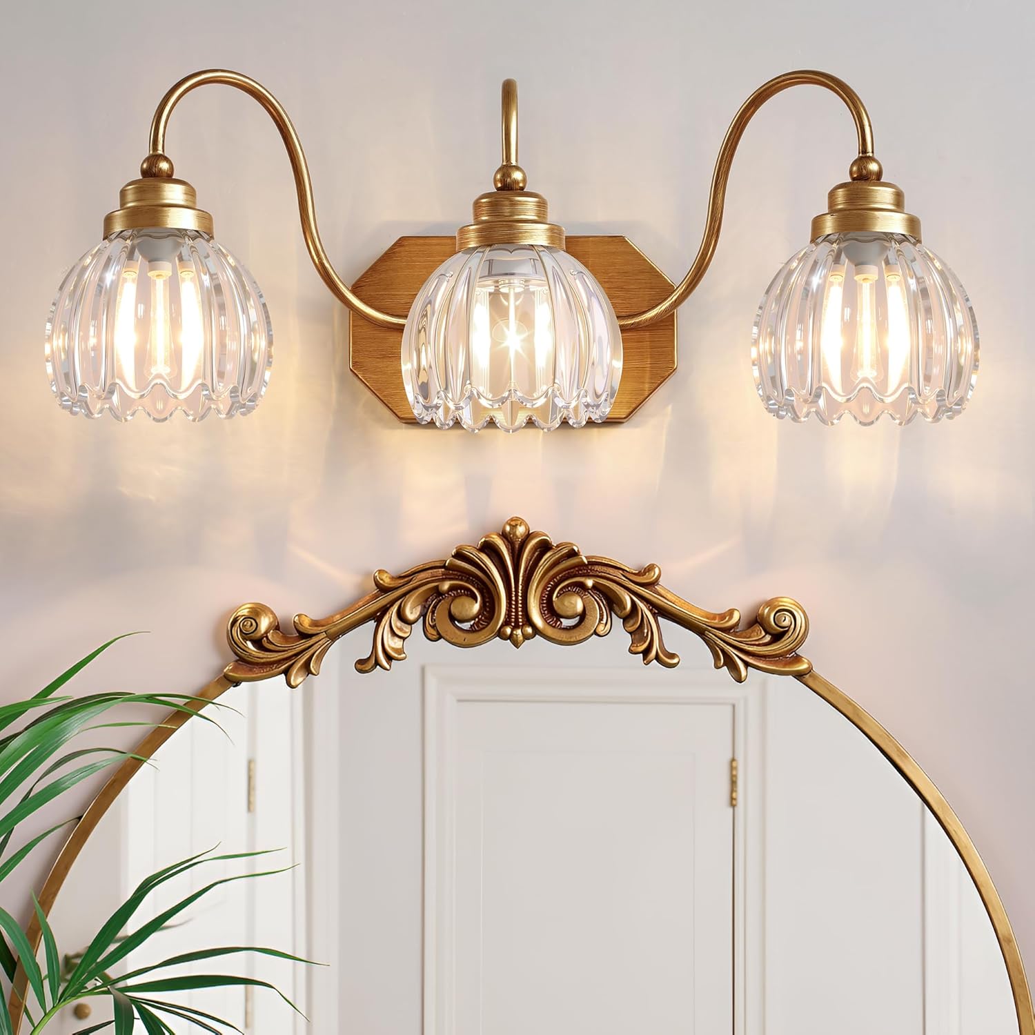 Gold 3-Light Vanity Light with Crystal Glass Shades for Home