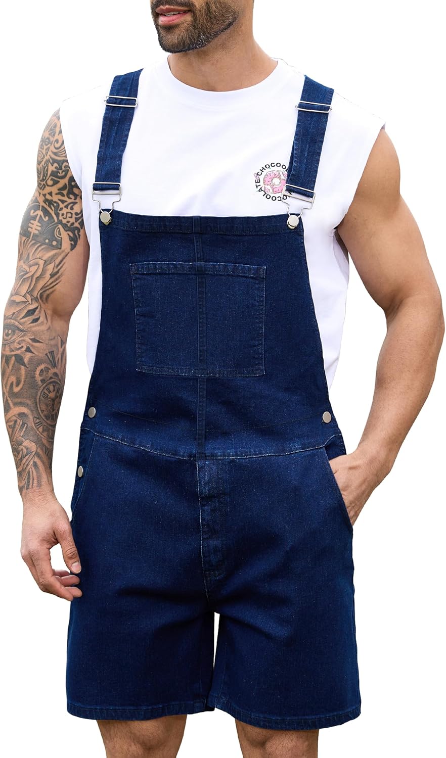 Bindefon Denim Overalls for Men Jean Shorts Jumpsuit Work Bibs