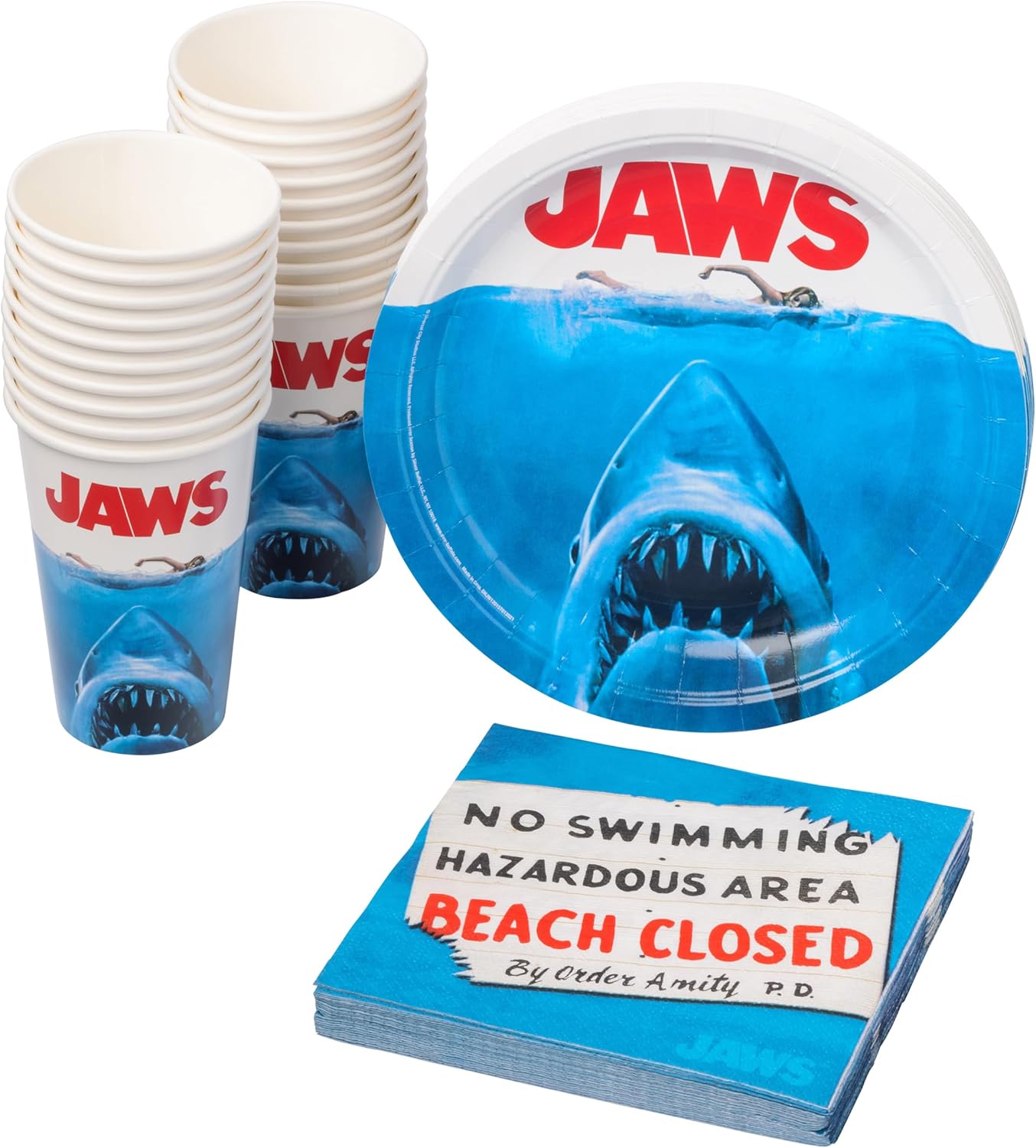 Jaws Partyware Disposable Paper Plates, Napkins, and Cups Set