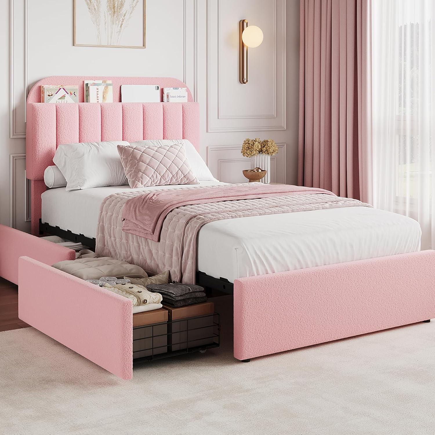 GarveeHome Twin Bed Frame with Storage Headboard for Girls