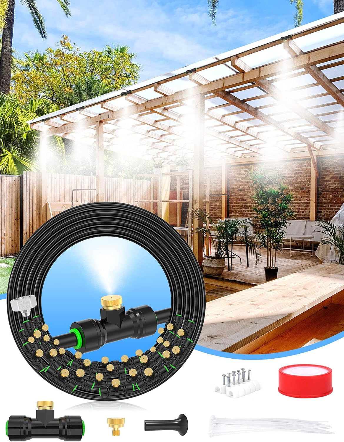 Misters for Outside Patio 89FT with 34 Brass Nozzles for Cooling