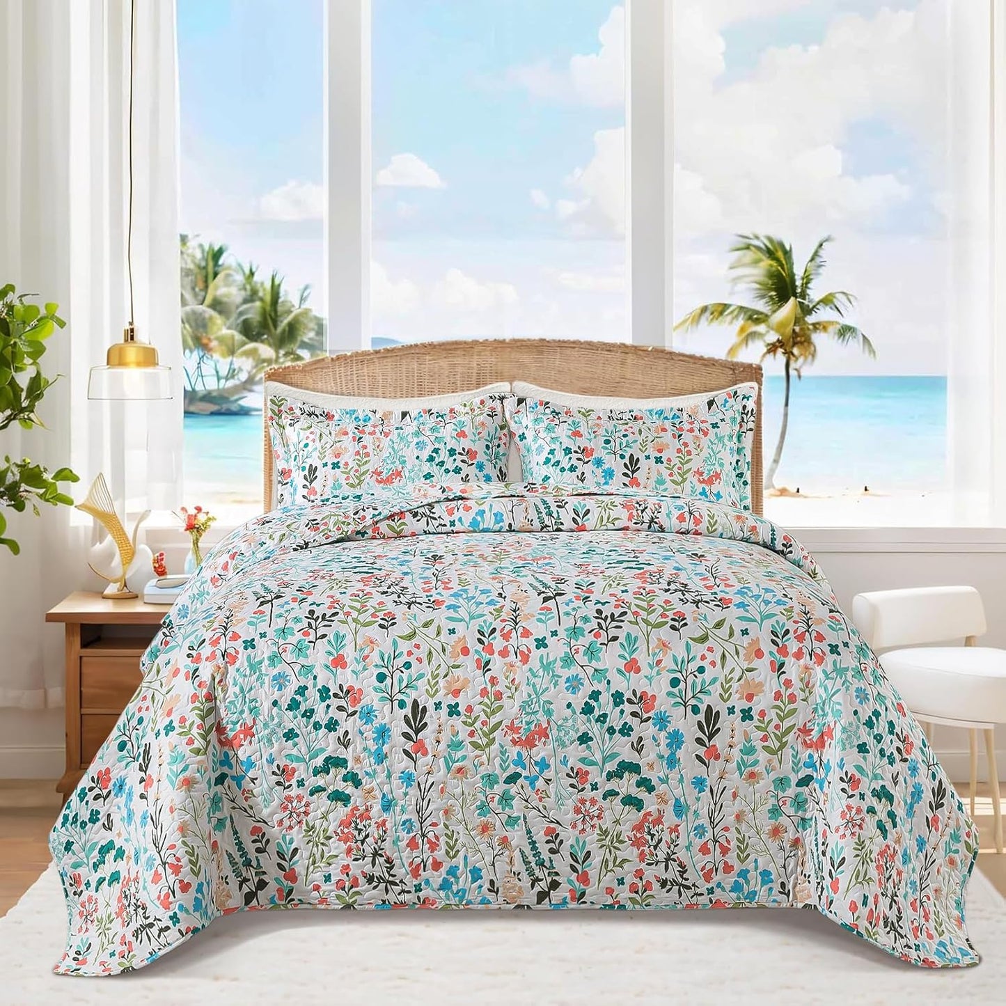 Queen Size Quilt Bedding Set with Botanical Floral Pattern