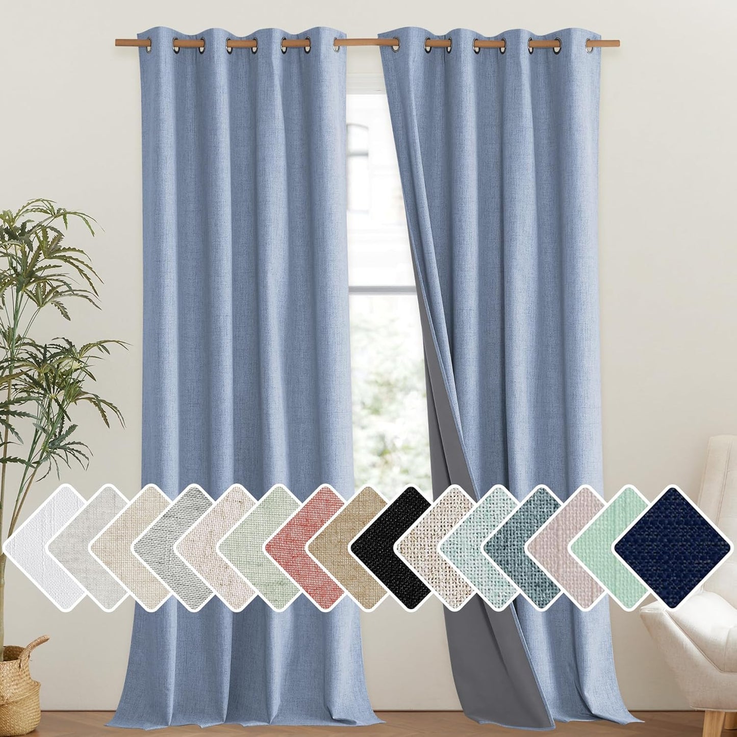 NICETOWN Stone Blue Vintage Linen Blackout Curtains 108in Long