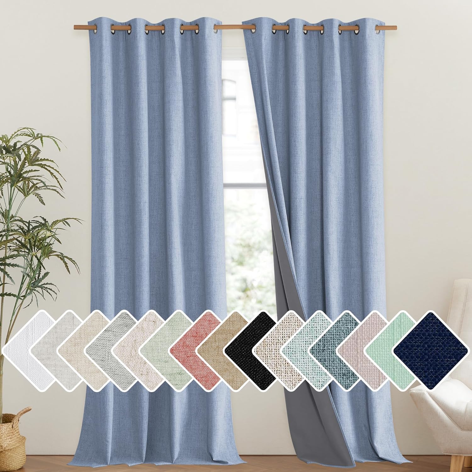 NICETOWN Stone Blue Vintage Linen Blackout Curtains 108in Long