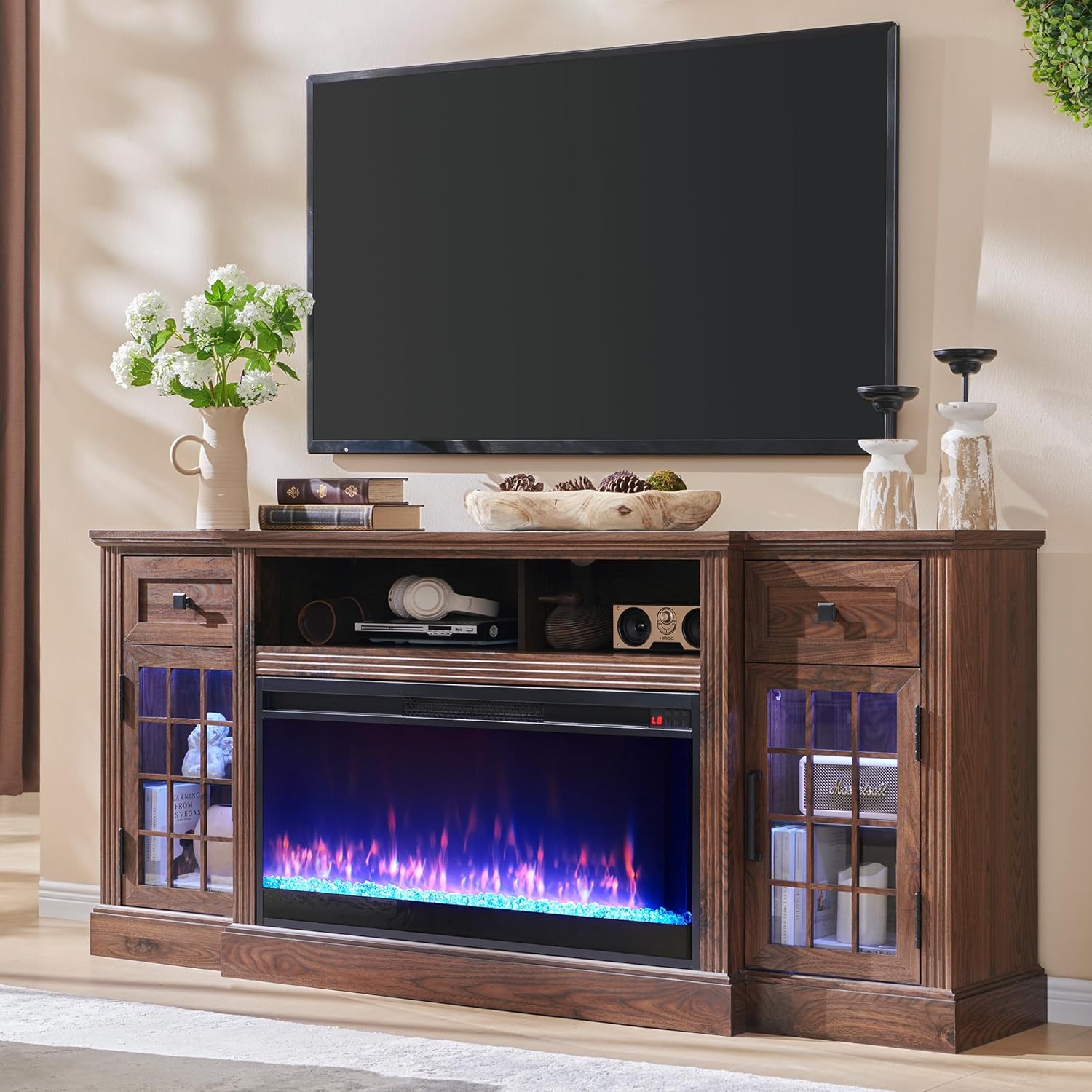 Farmhouse Fireplace TV Stand w/LED Lights - Fits 80 TV