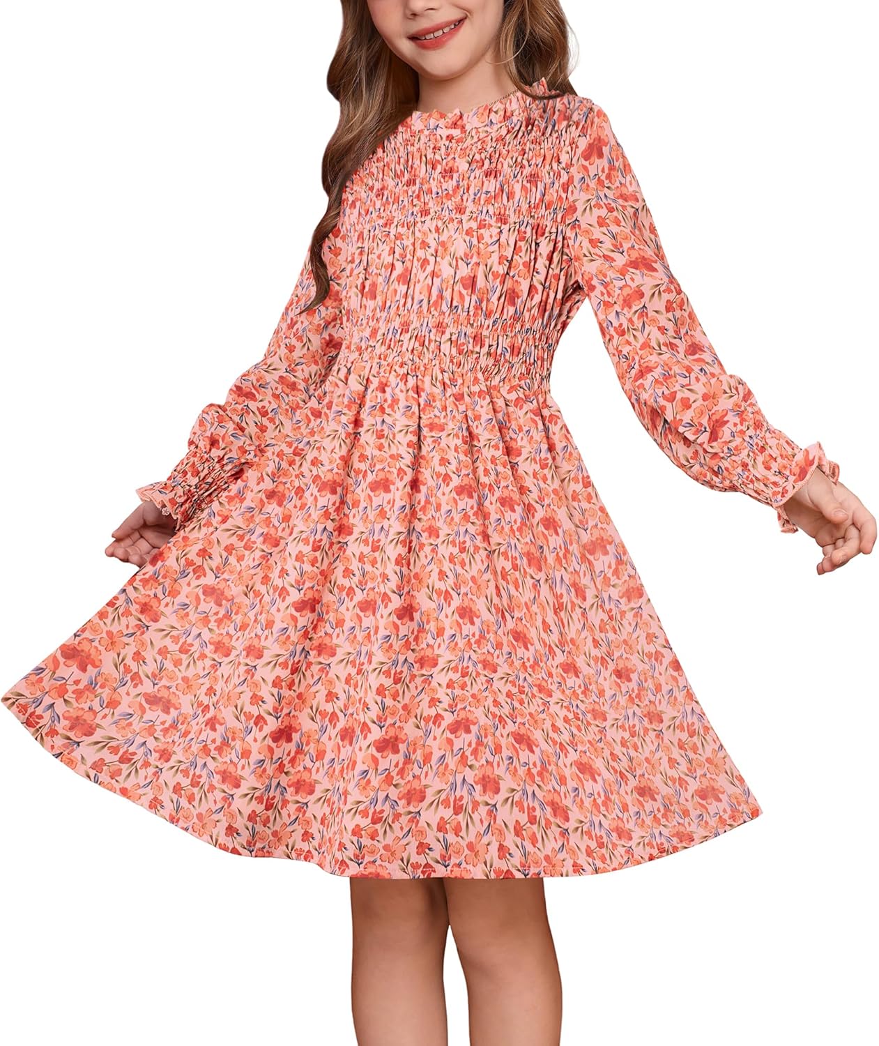 Girls' Fall Long Sleeve Floral Dress for Special Occasions