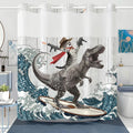 Surfing Cat Dinosaur No Hook Shower Curtain with Snap-in Liner - Fun