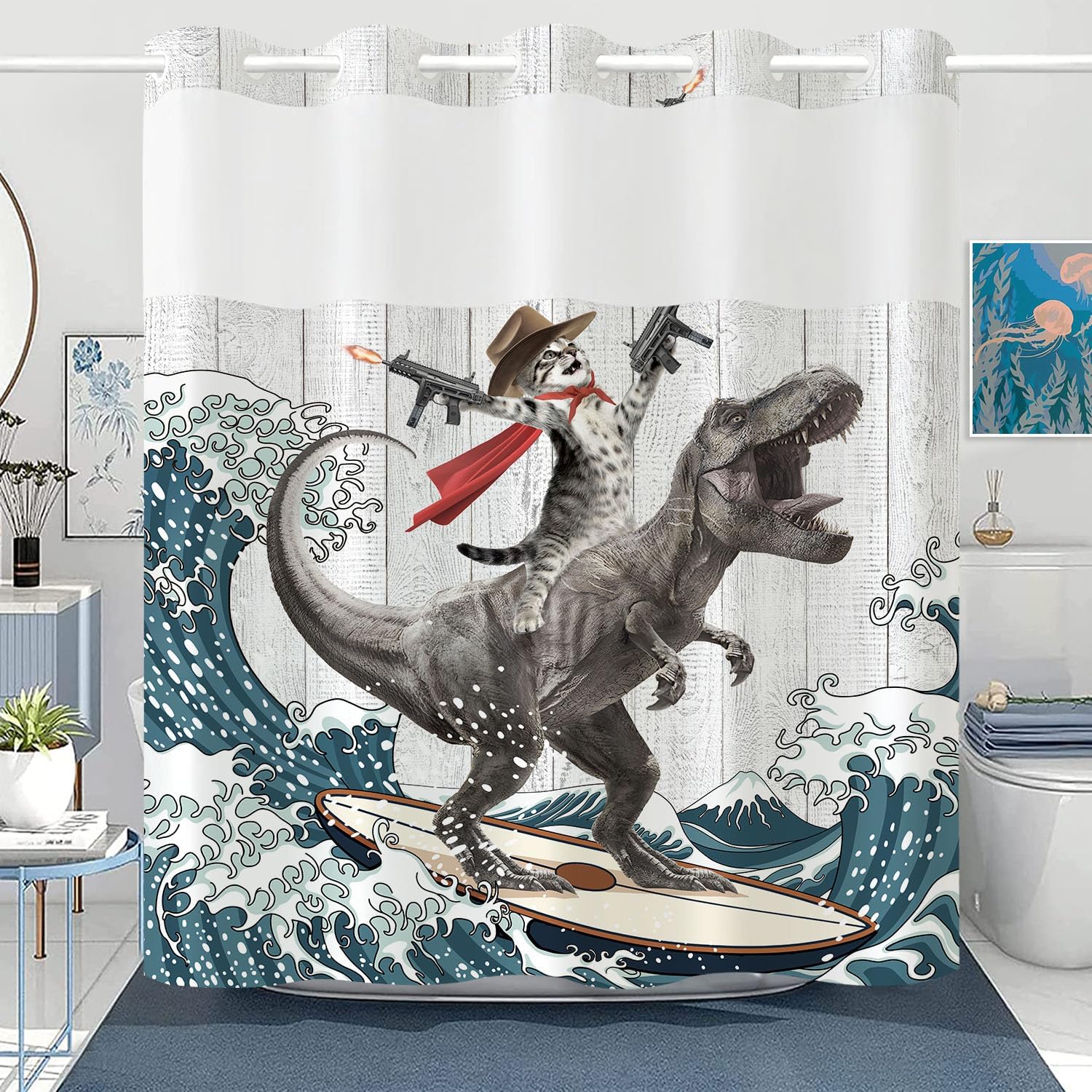 Surfing Cat Dinosaur No Hook Shower Curtain for Fun Bathrooms