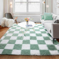 KICMOR Living Room Rug 5x8 Sage Green and White - Fluffy Checkered