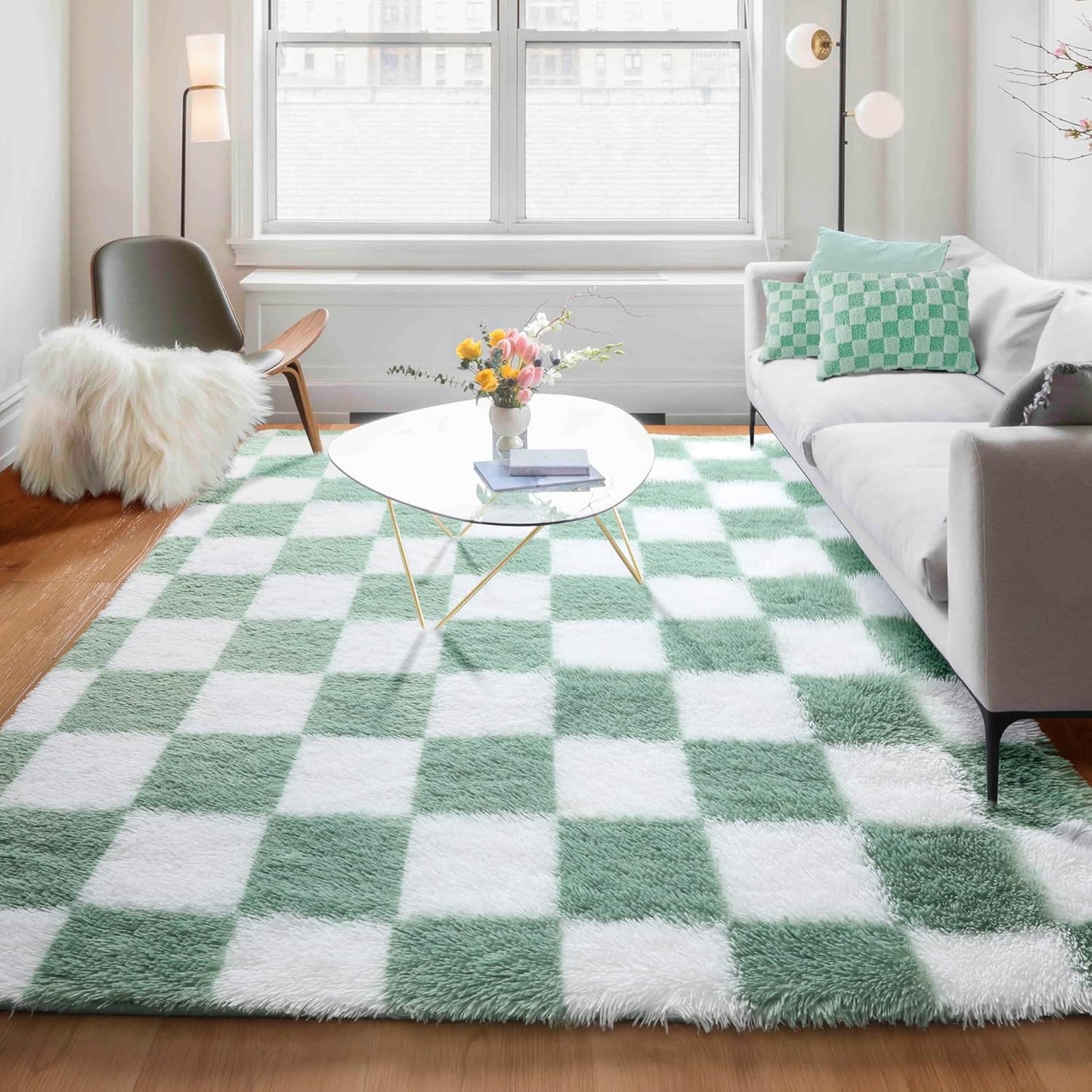 KICMOR 5x8 Sage Green and White Fluffy Shag Area Rug