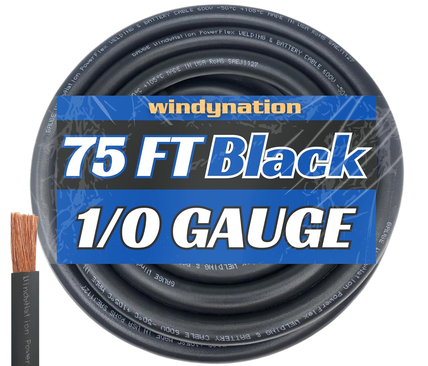 WNI 1/0 Gauge 75 Feet Black Ultra Flexible Welding Battery Cable