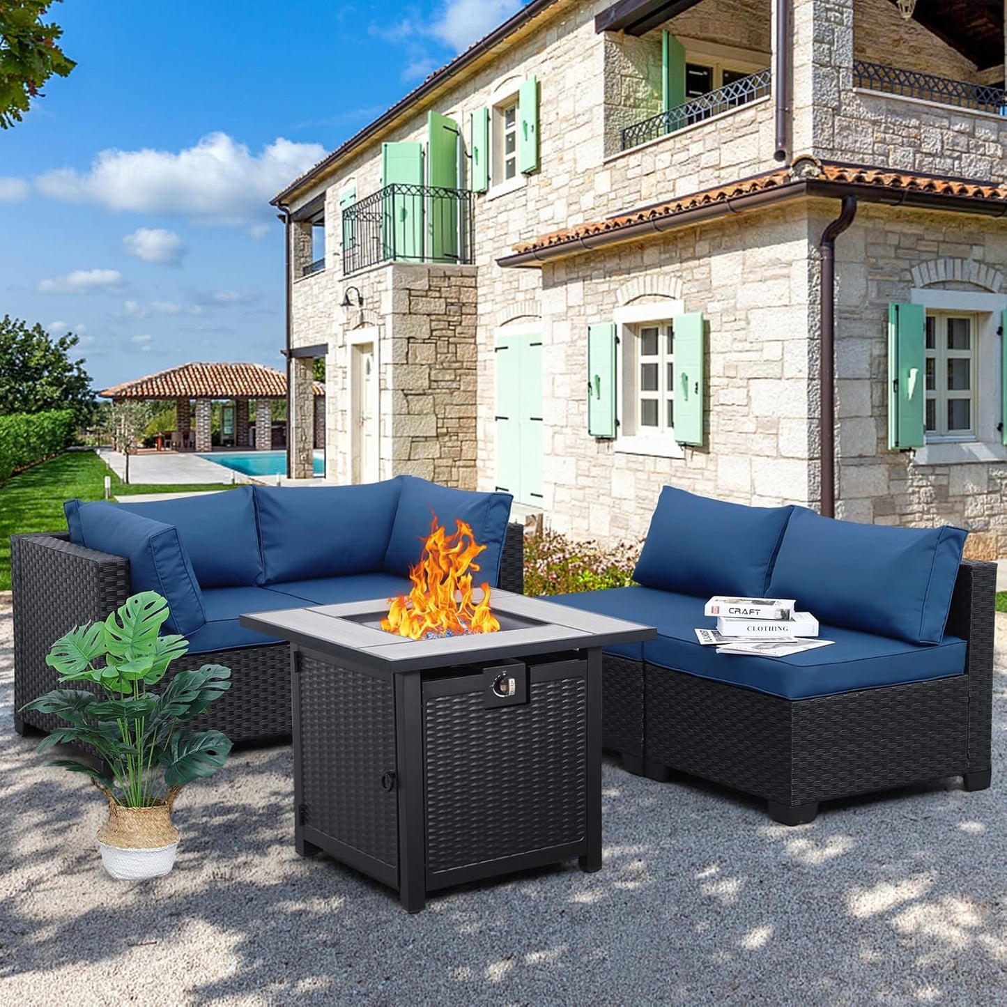 Outdoor Patio PE Wicker 5 Piece Furniture Set with Fire Pit