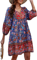 Womens Rayon V Neck 3/4 Sleeve Boho Floral Mini Dress - Summer Ready