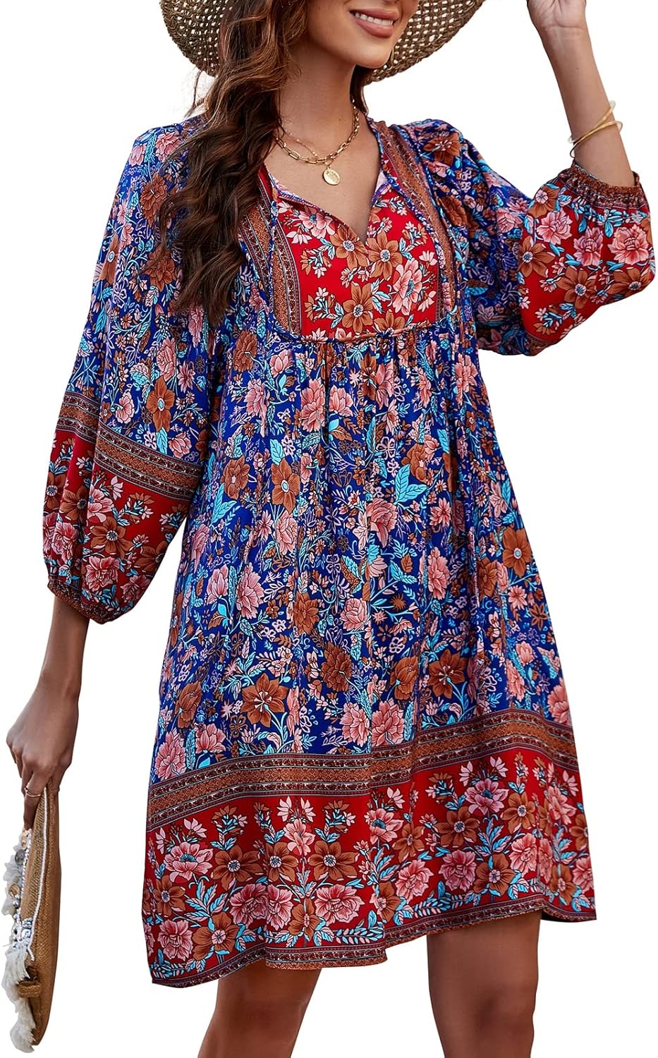 Qearal Womens Casual V Neck Boho Floral Mini Summer Dress