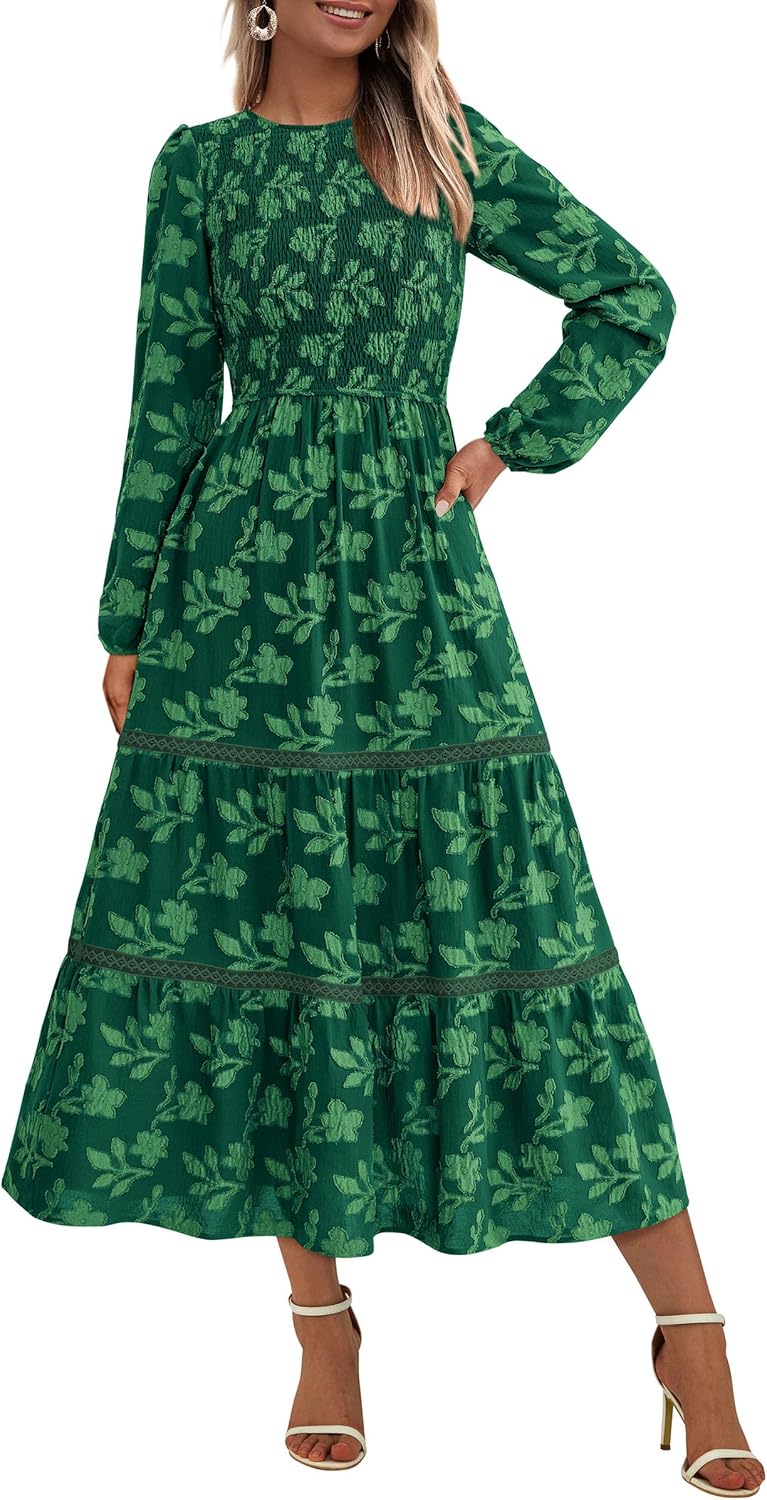 PRETTYGARDEN Long Sleeve Dress for Women - Elegant Floral Midi