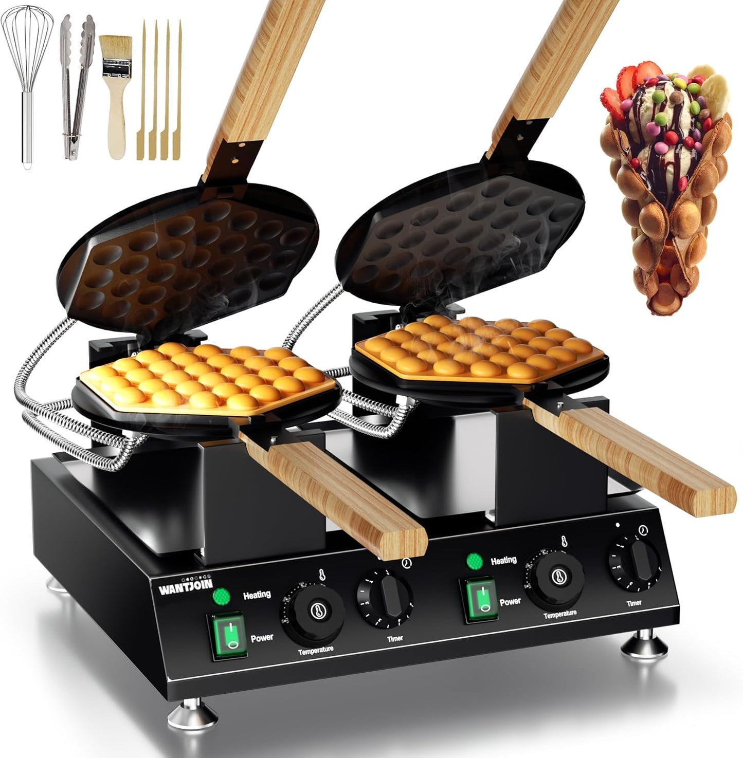Commercial Double Bubble Waffle Maker - Non-stick Stainless Steel