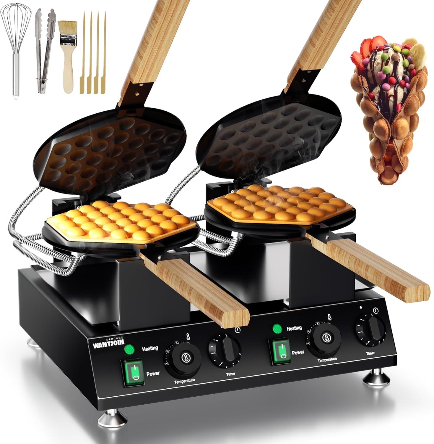 Commercial Double Bubble Waffle Maker - Non-stick Stainless Steel