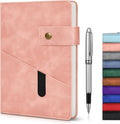 Pink A5 Lined Leather Journal Notebook - Thick Paper, Pocket Design