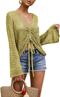 Women Crochet Beach Cover Up Drawstring Shirt - Oversized Sexy