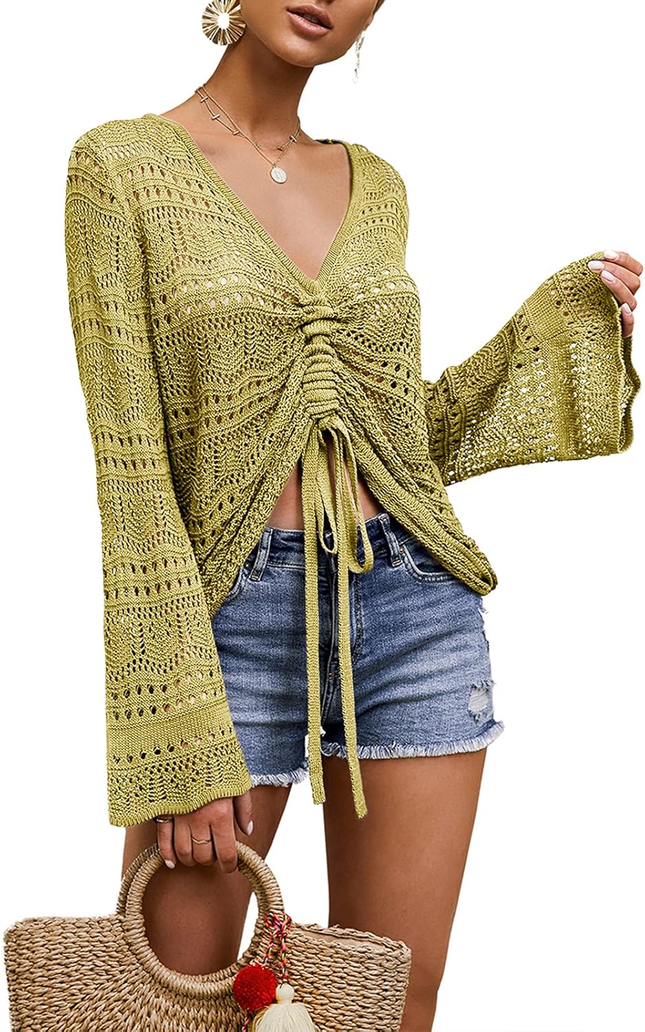 FERBIA Women Crochet Top Beach Cloth Drawstring Shirt Cover Up