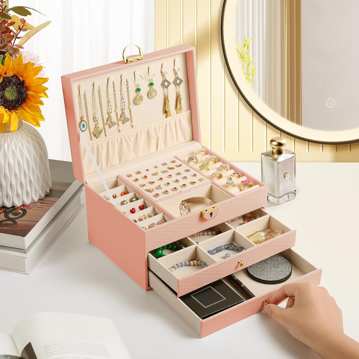 3 Layer Jewelry Box with Lockable Drawer for Elegant Storage