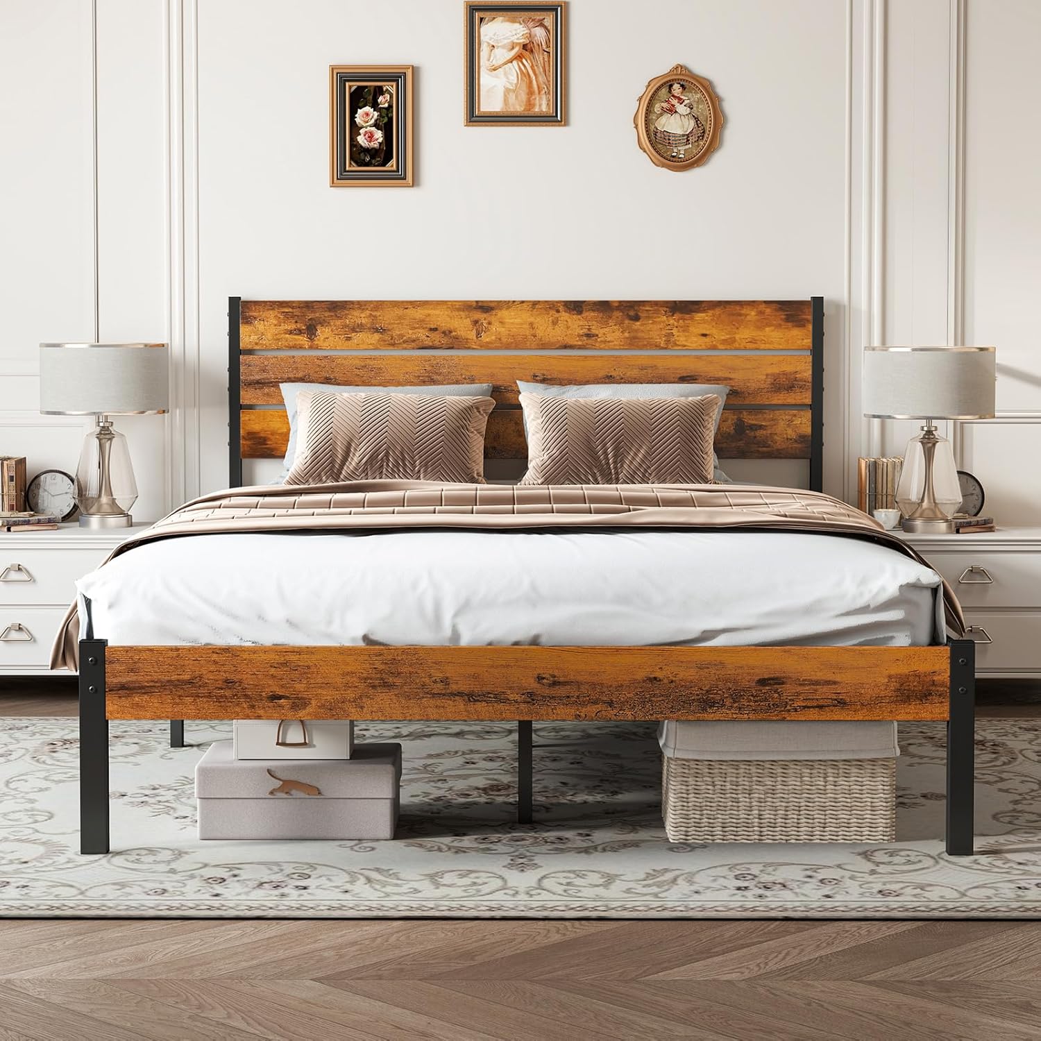 Sweetcrispy Queen Size Bed Frame with Headboard for Comfort