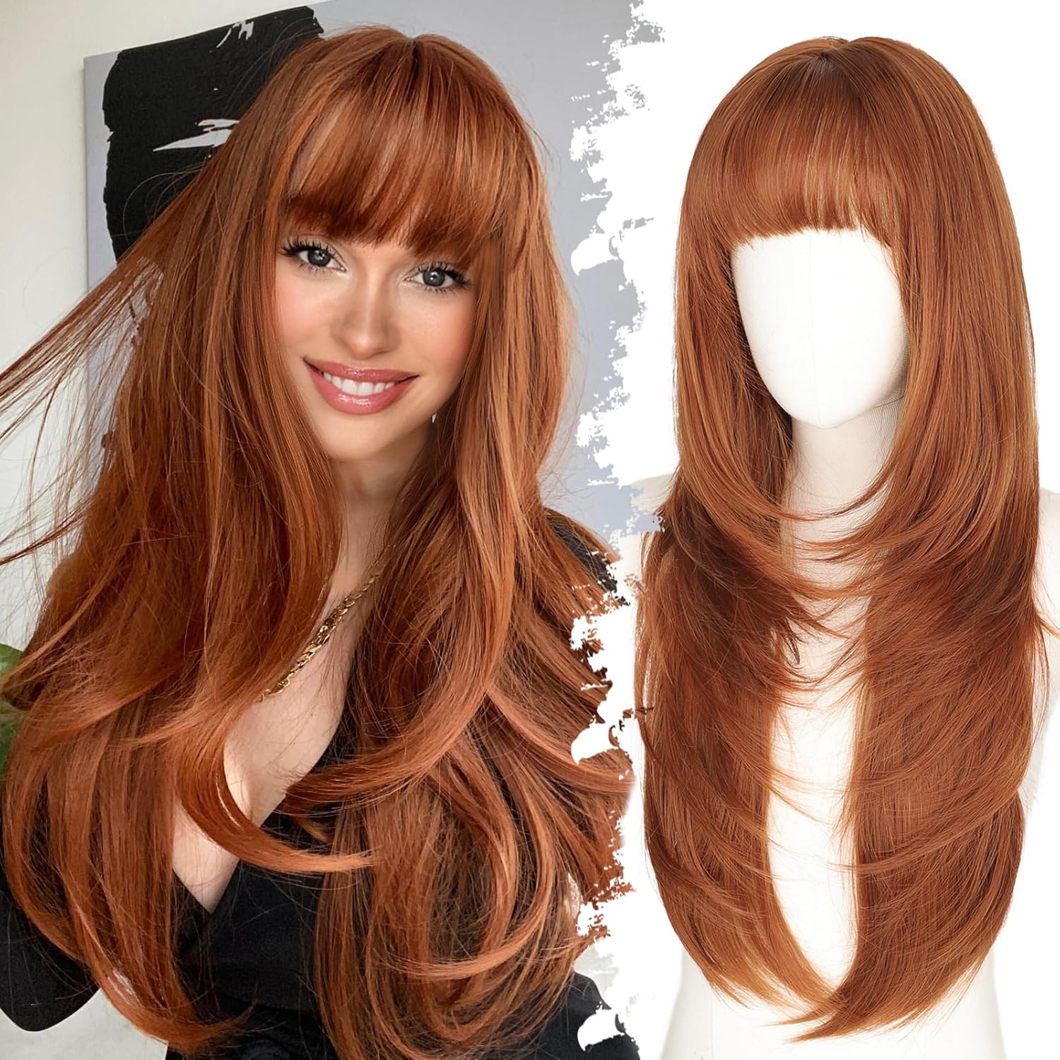 Long Ginger Wig with Bangs for Women - 26 Inch Layered Style
