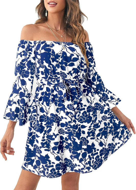 Womens Off Shoulder Ruffle Floral Summer Wedding Guest Dresses