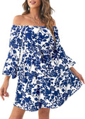 Womens Off Shoulder Ruffle Floral Skater Dress with Belt - A Line