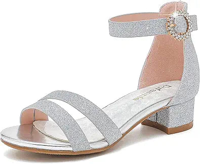 Dufannie Girls Sandals Low Heels Dress Pump Ankle Strap Open Toe