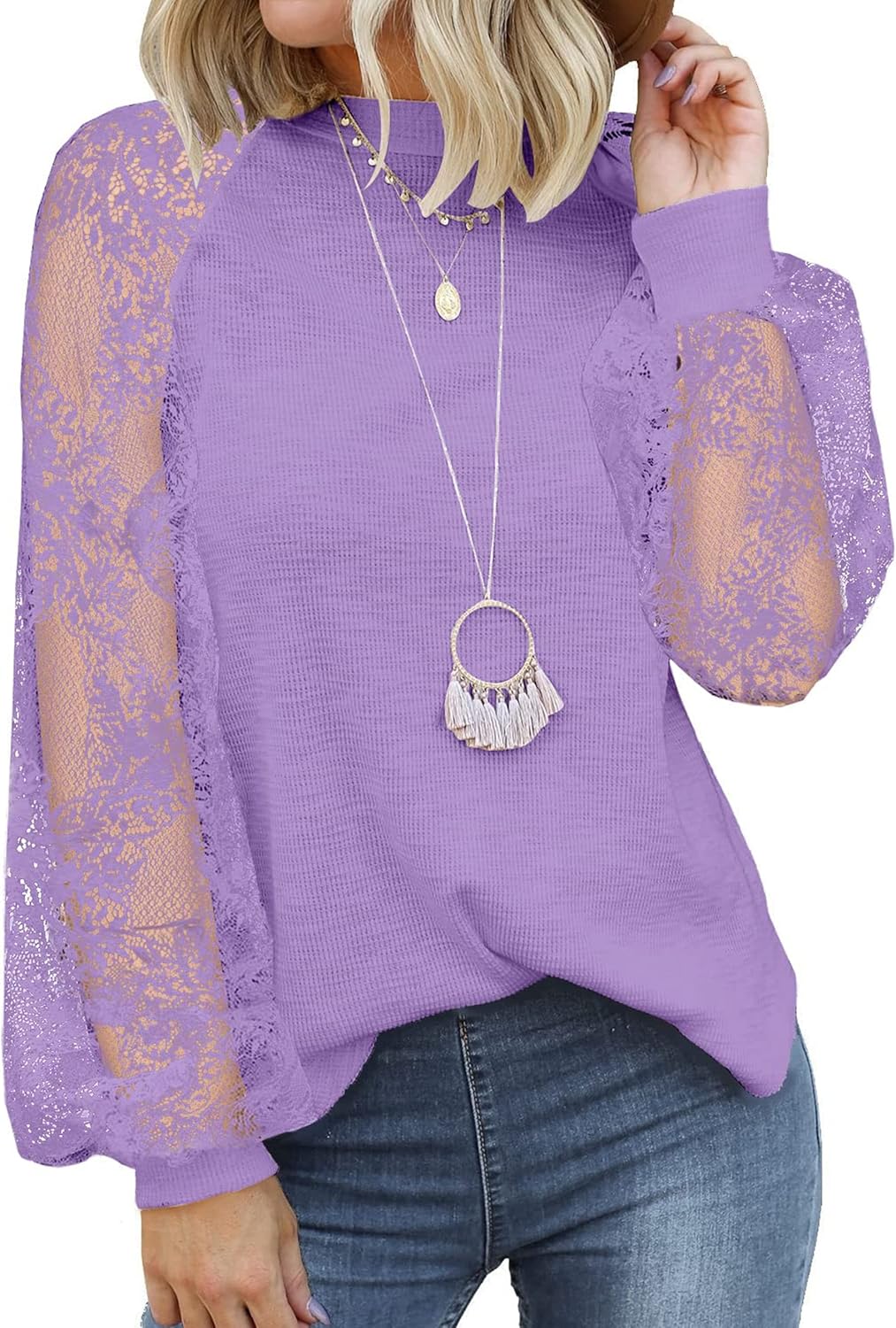 MIHOLL Womens Long Sleeve Tops Lace Casual Blouses T Shirts