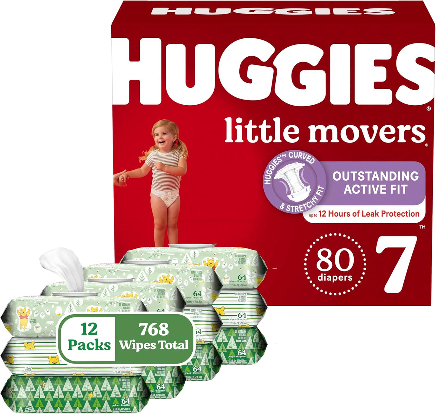 Huggies Little Movers Diaper & Wipes Bundle: Size 7, 80ct Diapers & 12 Packs of Unscented Natural Care Wipes