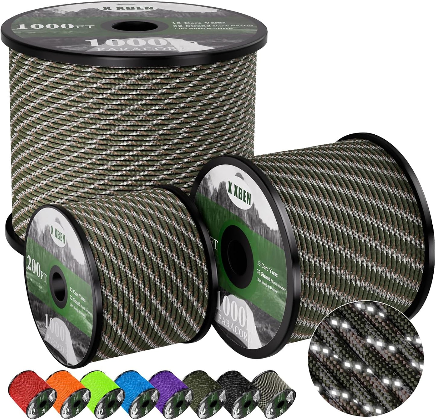 X XBEN Paracord Reflective 1000lb for Camping and Survival