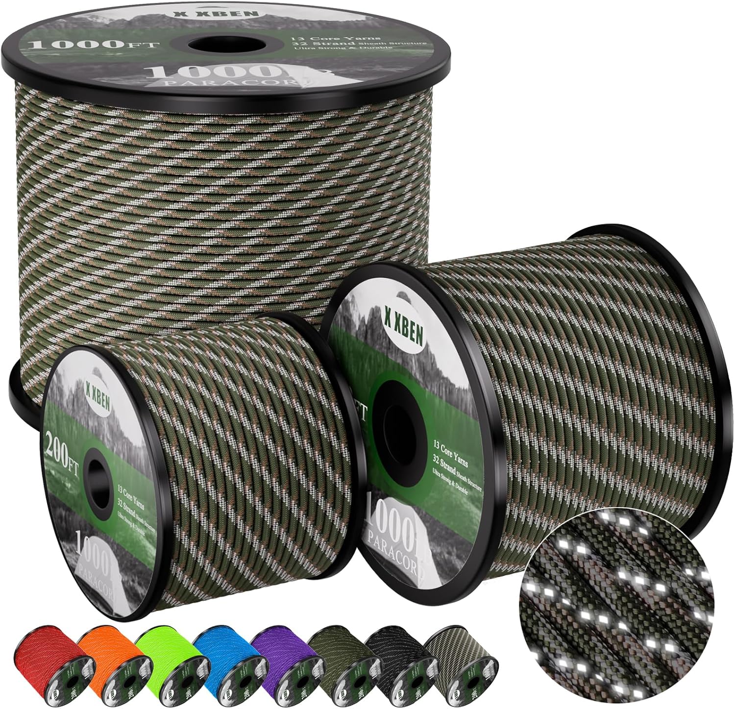 X XBEN Paracord Reflective 1000lb for Camping and Survival