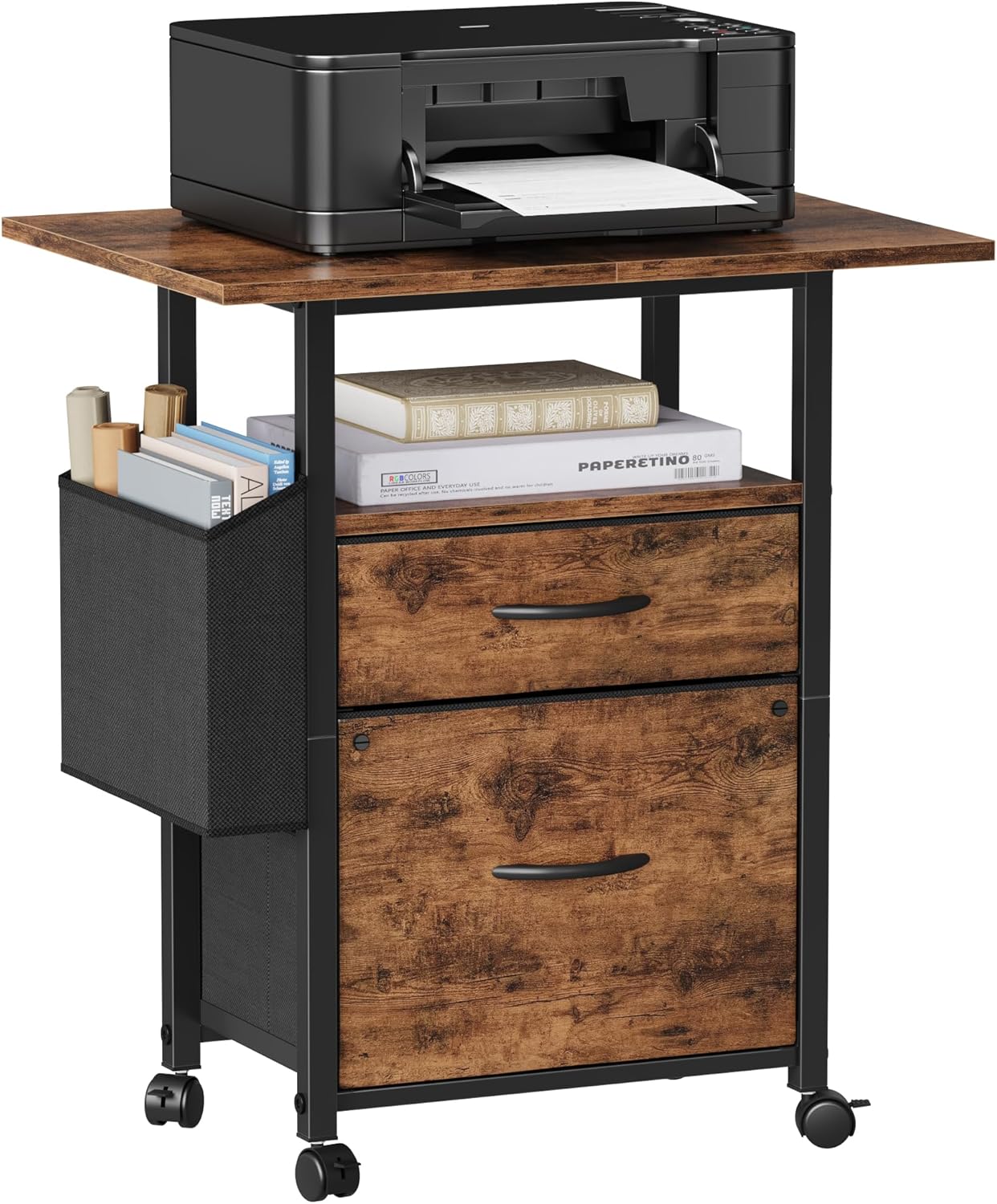 Mobile File Cabinet with Extended Desktop & Fabric Drawer ~ Light Brown