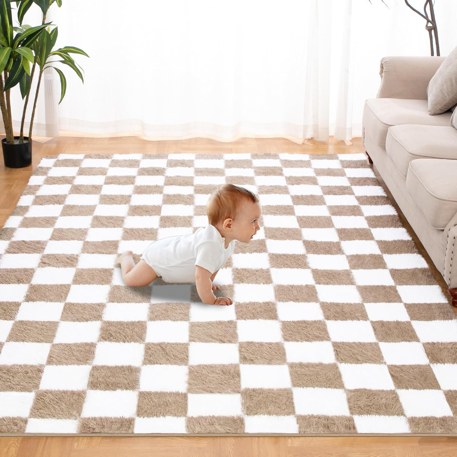 Super Soft Rug for Bedroom, 5x7 Ft Beige and White Checkered