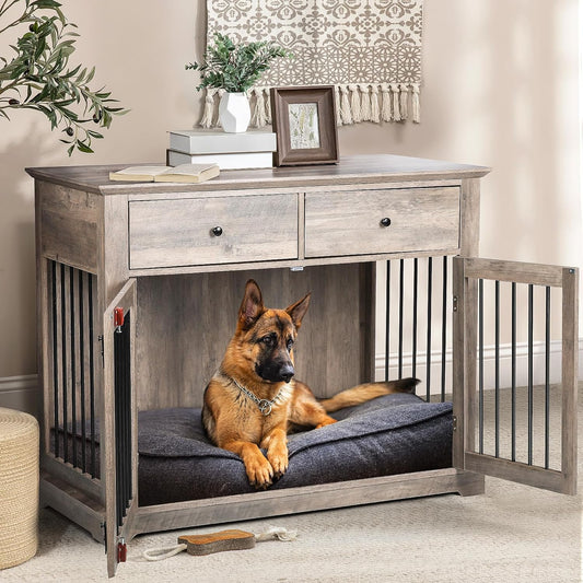 LEMBERI 44 Inch Large Dog Crate Furniture with Storage Drawers