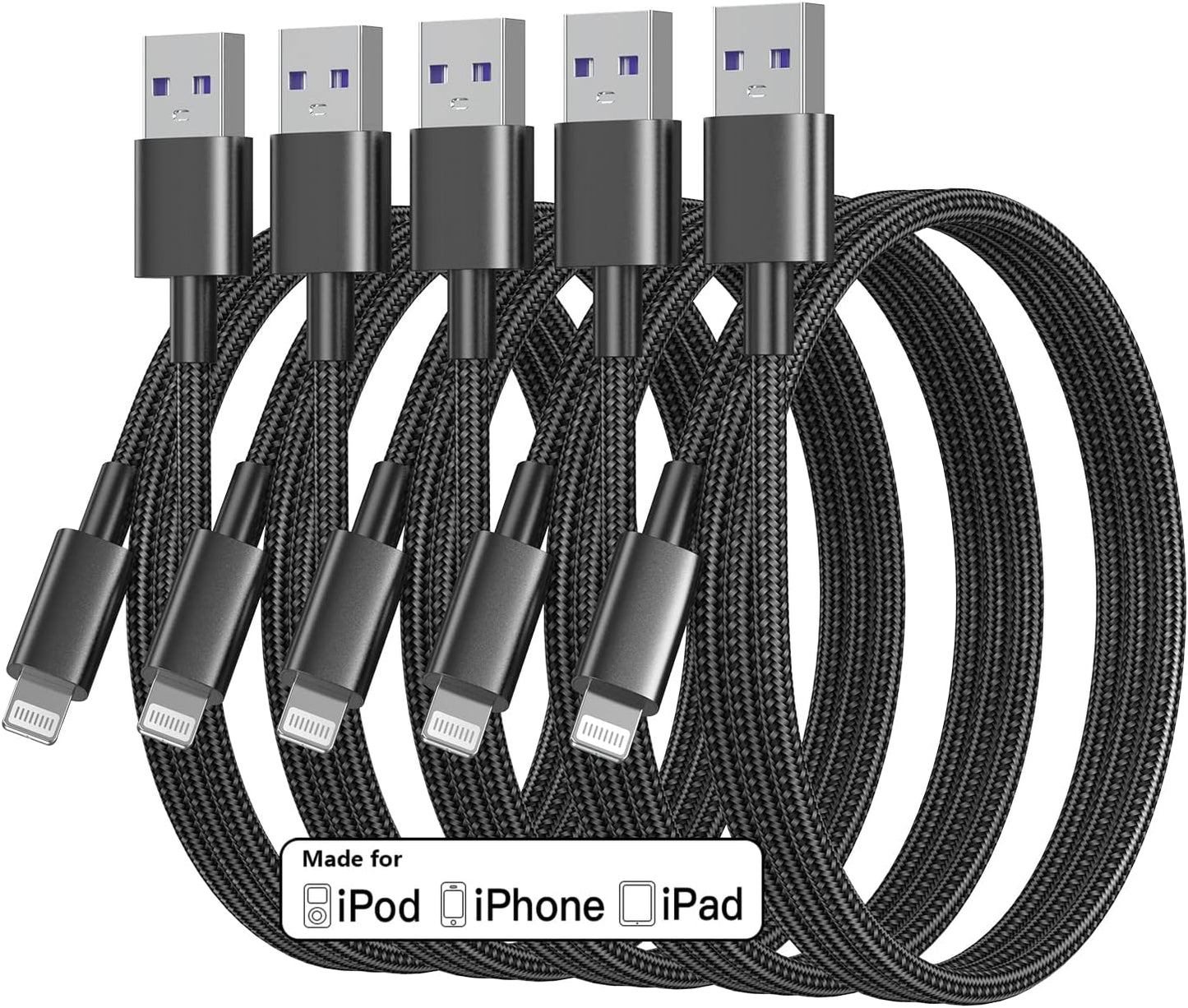 Fast Charge 3ft Lightning Cable 5-Pack Apple MFi Certified Nylon Braided TRPYD