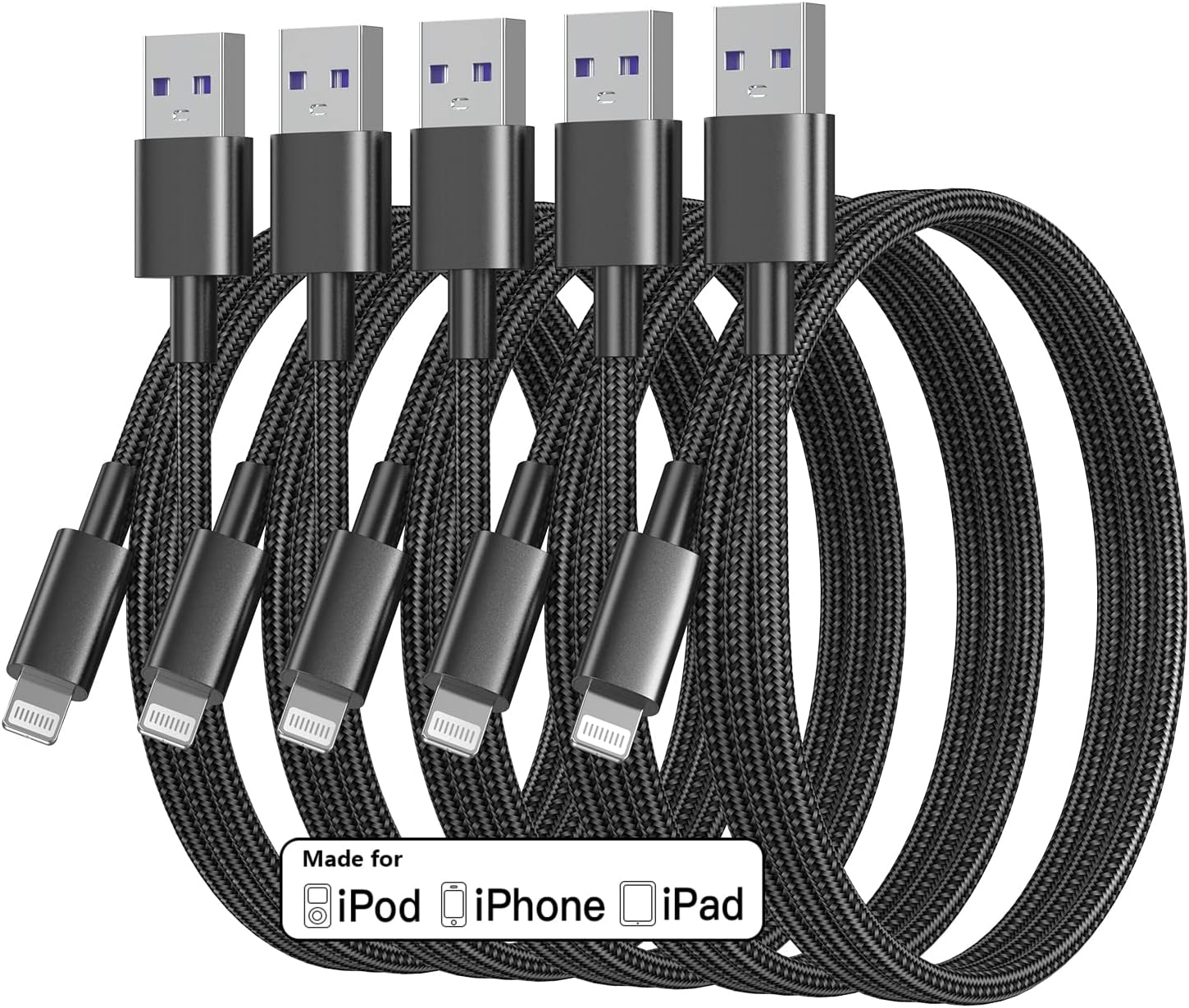 Fast Charge 3ft Lightning Cable 5-Pack Apple MFi Certified Nylon Braided TRPYD