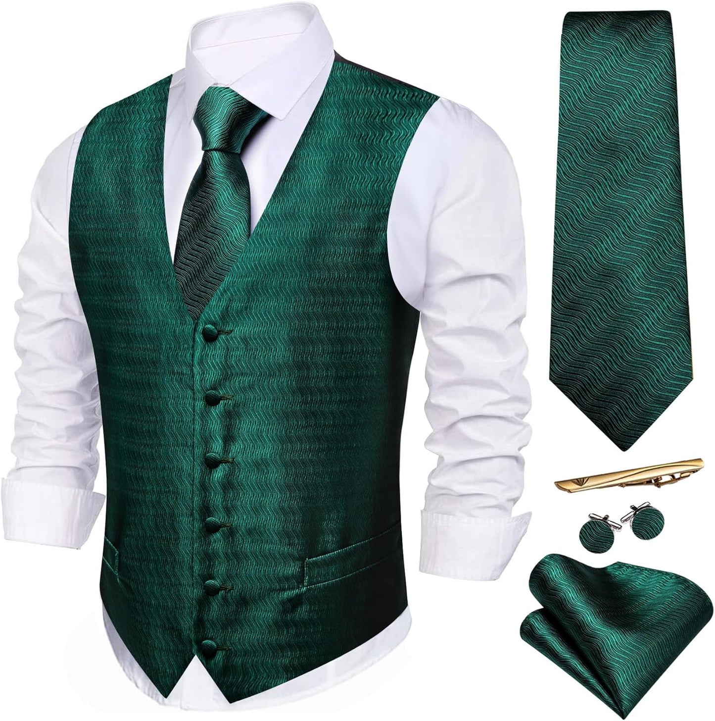 Barry.Wang Men's Suit Vest Set with Tie and Pocket Square
