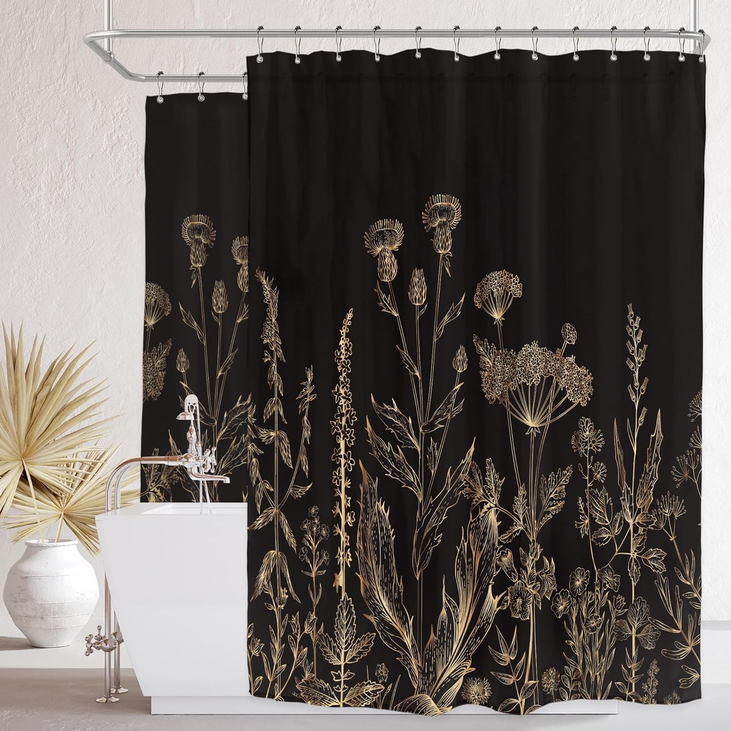Extra Wide Black & Gold Shower Curtain - Waterproof Polyester - 32 Hooks