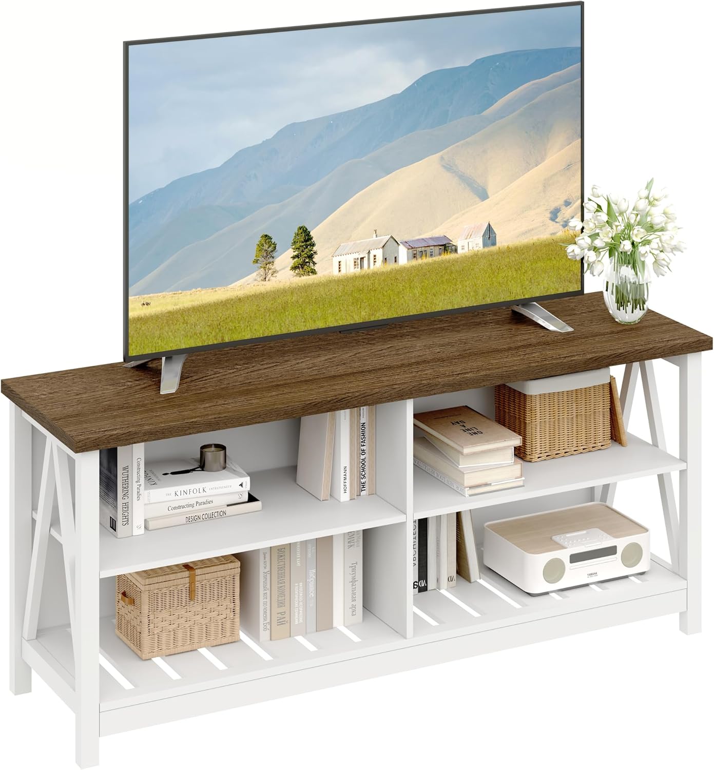 ChooChoo White TV Stand: 4 Shelves & Cable Holes