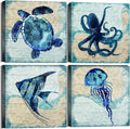 Teal Ocean Animal Bathroom Wall Decor 24x24 4-Panel Canvas Print